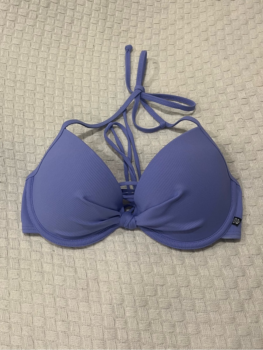 NWOT La Vie En Rose Purple Ribbed Halter Bikini Top